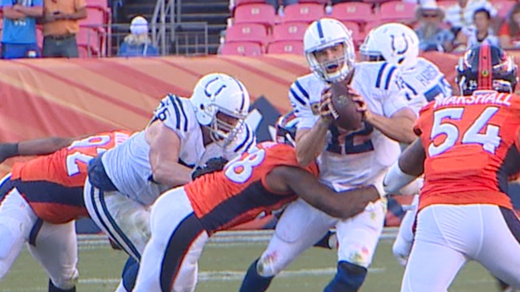 Colts quarterback Andrew Luck is sacked by Von Miller in the Colts 34-20 loss in Denver