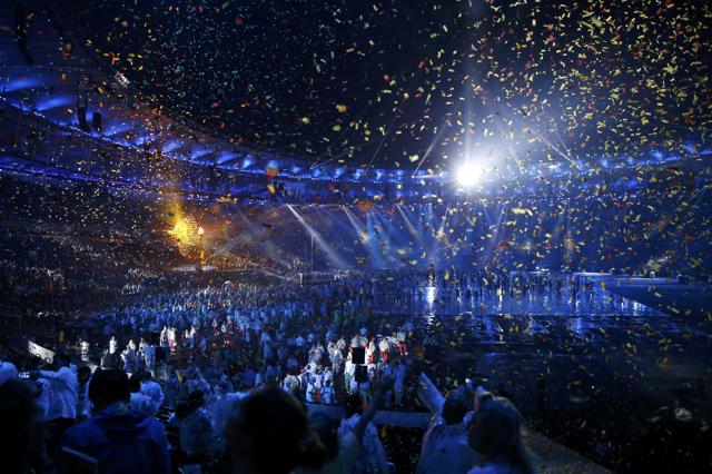 Confetti falls during the opening ceremony of the Paralympic Games