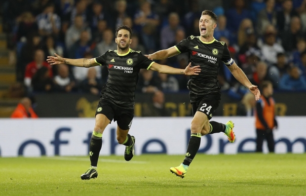 Chelsea’s Cesc Fabregas celebrates scoring their fourth goal with Gary Cahill during their EFL Cup Third Round against Leicester City at the King Power Stadium