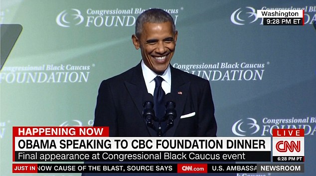 I am so relieved the whole birther thing is over: President Barack Obama addressed Donald Trump's'birther movement on Saturday night at the Congressional Black Caucus Foundation