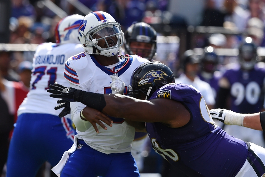 Sep 11 2016 Baltimore MD USA Buffalo Bills quarterback Tyrod Taylor his hit by Baltimore Ravens nose tackle Brandon Williams at M&T Bank Stadium. The Ravens won 13-7. Mandatory Credit Tommy Gilligan-USA TODAY Sports