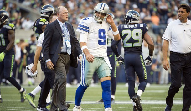 Aug 25 2016 Seattle WA USA Dallas Cowboys quarterback Tony Romo walks off the field after getting injured during the first quarter during a preseason game against the Seattle Seahawks at Century Link Field