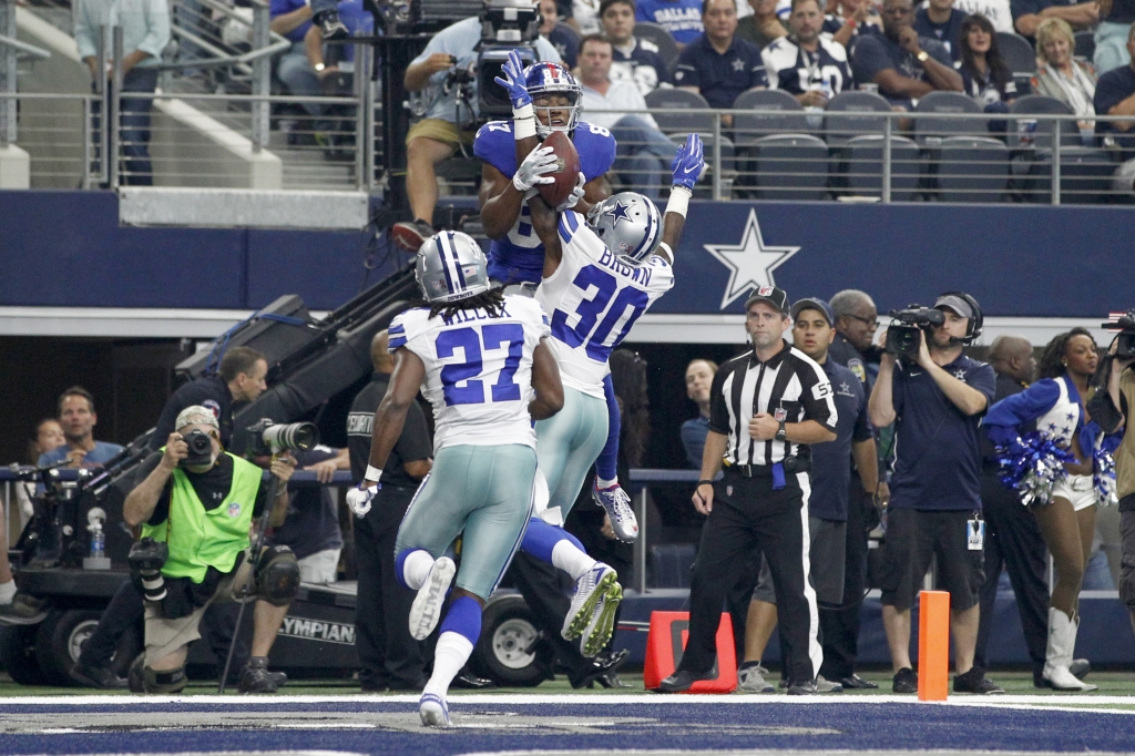 Sep 11 2016 Arlington TX USA New York Giants wide receiver Sterling Shepard catches a touchdown against Dallas Cowboys cornerback Anthony Brown in the second quarter at AT&T Stadium. Mandatory Credit Tim Heitman-USA TODAY Sports