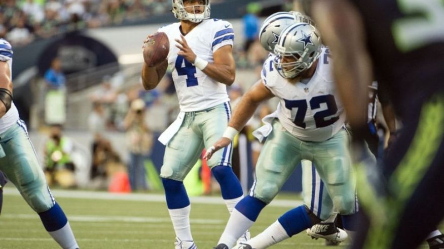 Aug 25 2016 Seattle WA USA Dallas Cowboys quarterback Dak Prescott looks for a receiver during the first quarter in a preseason game against the Seattle Seahawks at Century Link Field. Mandatory Credit Troy Wayrynen-USA TODAY Sports