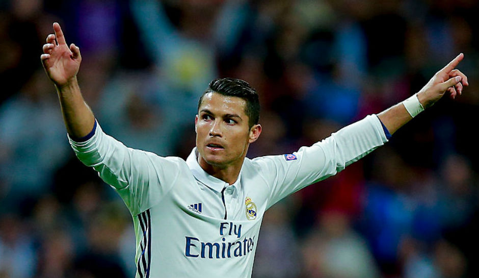 Cristiano Ronaldo celebrating his goal in the Champions League game against Sporting Lisbon