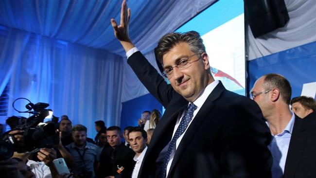 Andrej Plenkovic president of the Croatian Democratic Union, reacts during a speech after exit polls in Zagreb Croatia