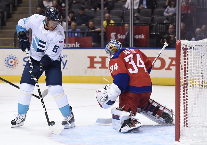 Team Europe's Marian Hossa left tries to score past Czech Republic's goaltender Petr Mrazek during the first period their World Cup of Hockey group match in Toronto Canada on Monday Sept. 19