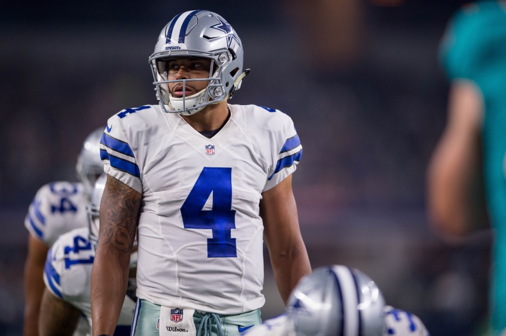 Aug 19 2016 Arlington TX USA Dallas Cowboys quarterback Dak Prescott sets the play during the second half of the game against the Miami Dolphins at AT&T Stadium. The Cowboys defeat the Dolphins 41-14. Mandatory Credit Jerome Miron-USA TODAY Spor