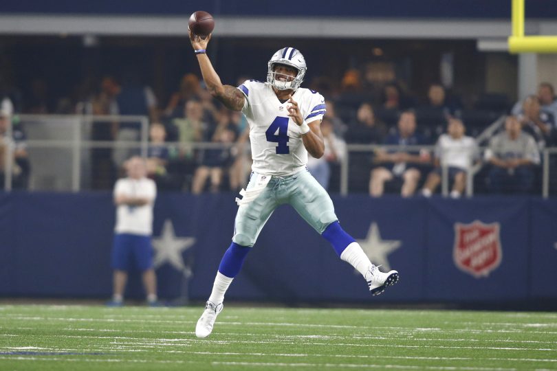 Aug 19 2016 Arlington TX USA Dallas Cowboys quarterback Dak Prescott throws a pass in the second quarter against the Miami Dolphins at AT&T Stadium. Mandatory Credit Tim Heitman-USA TODAY Sports