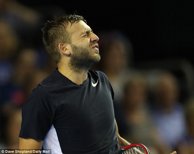 Dan Evans shows his disappointment as he is beaten in straight sets by Leonardo Mayer