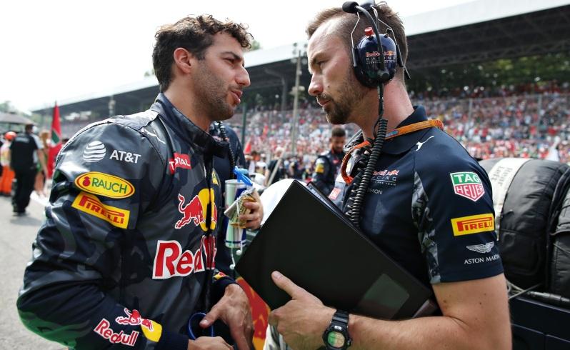 Daniel Ricciardo talks to Red Bull race engineer Simon Rennie at Monza on Sunday. Pic Getty Images