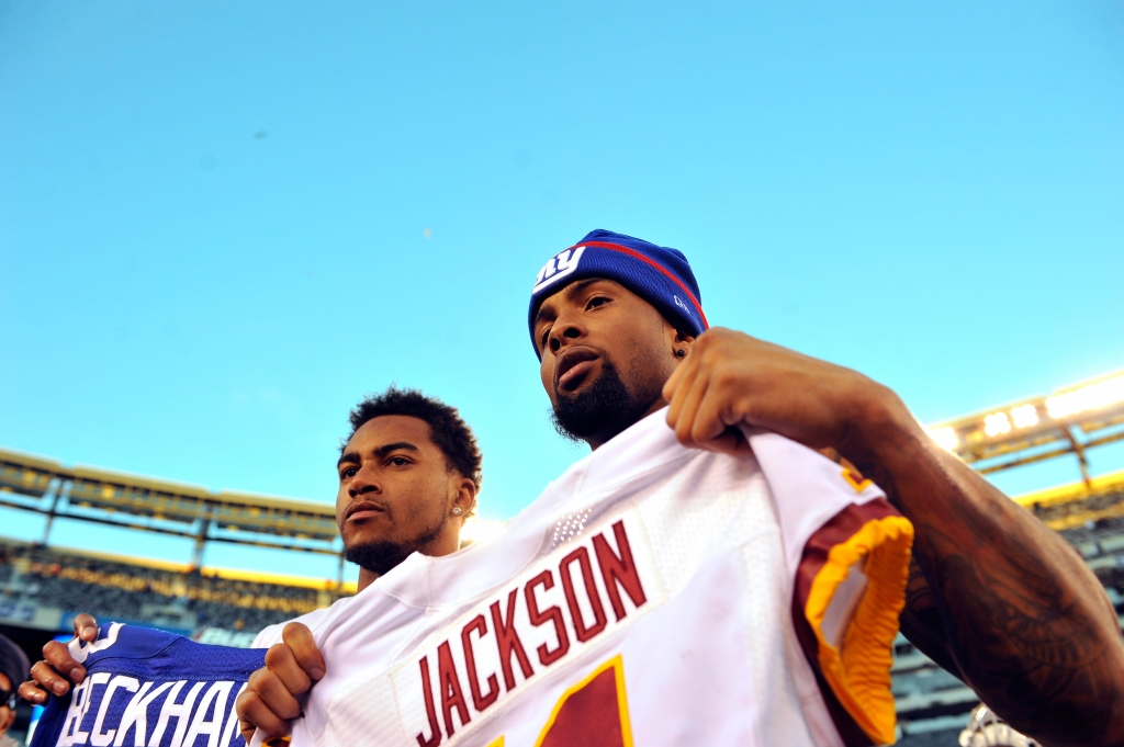 EAST RUTHERFORD NJ- DECEMBER 14  De Sean Jackson #11 of the Washington Redskins trades jerseys with Odell Beckham Jr. #13 of the New York Giants after their game at Met Life Stadium