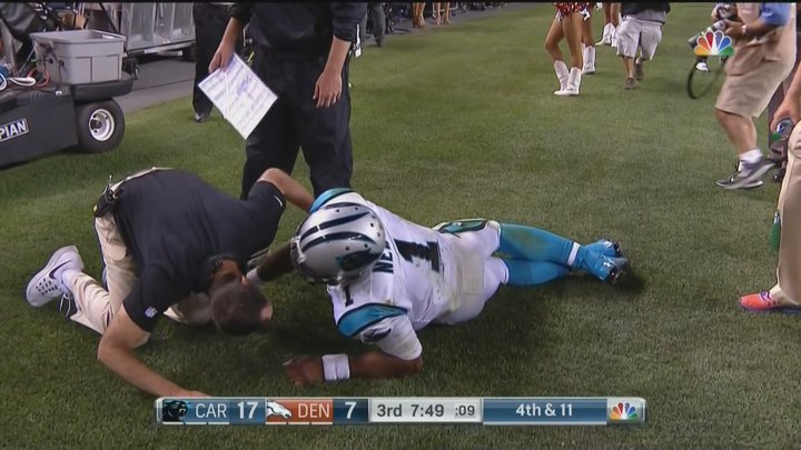 Cam Newton leveled by Von Miller and DeMarcus Ware, returns next drive