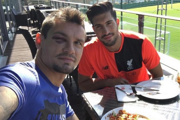 Dejan Lovren with his black eye and Emre Can at Melwood. Pic from Dejan Lovren instagram