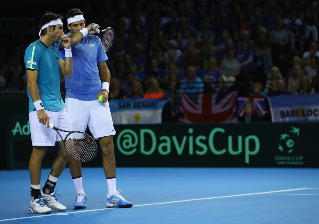 GLASGOW SCOTLAND- SEPTEMBER 17 Juan Martin Del Potro and Leonardo Mayer of Argentina discuss tatics against Andy Murray and Jamie Murray of Great Britain in their doubles match during the Davis Cup World Group semi final tie between Great Britain and A