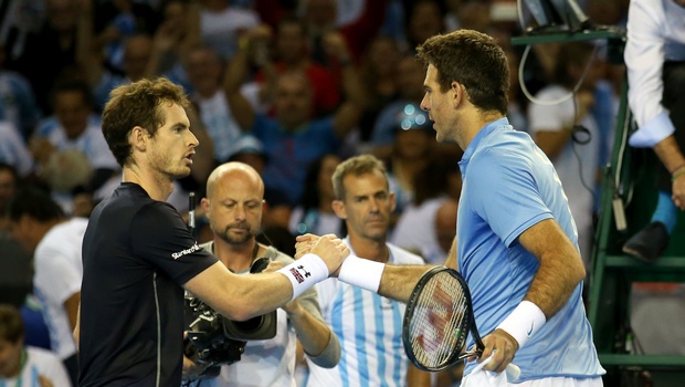 A defeated Andy Murray left of Great Britain and winner Argentina's Juan Martin Del Potro. shake hands after their match on day one of the Davis Cup semifinal at the Emirates Arena Glasgow Scotland. | AP