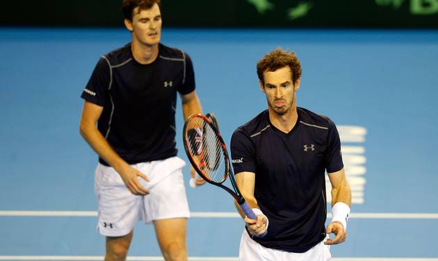 Great Britain's Andy Murray and Jamie Murray during their match against Argentina's Juan Martin del Potro and Leonardo Mayer on day two of the Davis Cup tennis tournament semi-final between Great Britain and Argentina at the Emirates Arena Glas