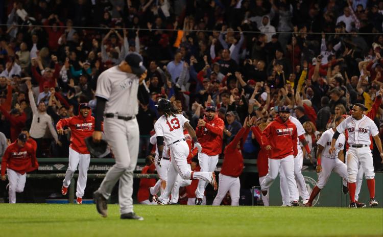 Dellin Betances walks off the mound after Hanley Ramirez ended the closer's nightmare ninth inning with one swing