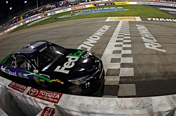 Denny Hamlin hits the finish line to win at Richmond on Saturday night