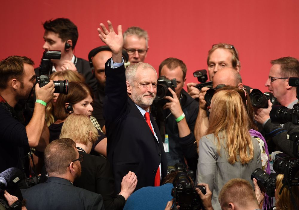 Jeremy Corbyn celebrates his victory following the announcement of the winner in the Labour leadership contest between him and Owen Smith at the ACC Liverpool. England Saturday Sept 24 2016