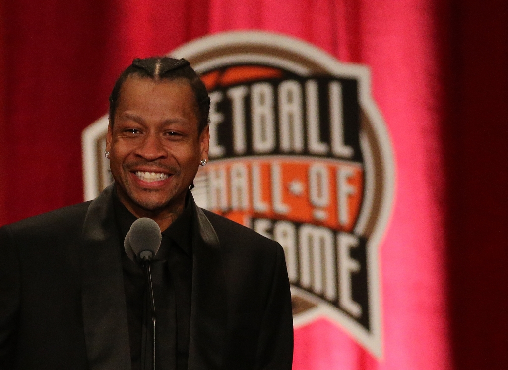 SPRINGFIELD MA- SEPTEMBER 09 Allen Iverson reacts during the 2016 Basketball Hall of Fame Enshrinement Ceremony at Symphony Hall