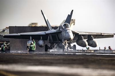 An F  A-18E Super Hornet launches from the flight deck of the aircraft carrier USS Dwight D. Eisenhower in the Arabian Gulf Aug. 8 2016. The Super Hornet is assigned to Strike Fighter Squadron 105. Navy