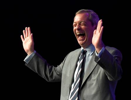 Nigel Farage the outgoing leader of the United Kingdom Independence Party, reacts during the party's annual conference in Bournemouth Britain