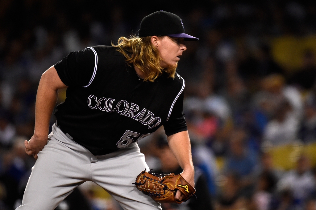 Jon Gray #55 of the Colorado Rockies pitches in the first inning against the Los Angeles Dodgers at Dodger Stadium