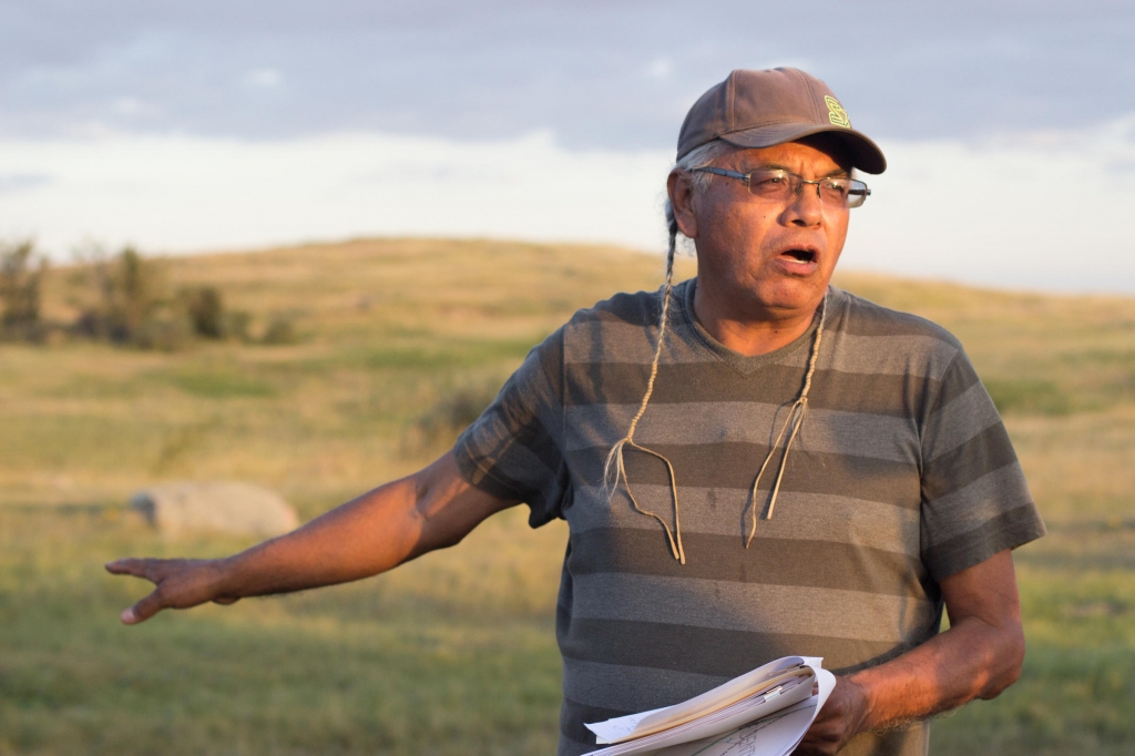 Tim Mentz speaking to reporters on Saturday hours after Dakota Access Pipeline construction crews had bulldozed land in preparation for the pipeline to go through it. According to Mentz the land was sacred to the Standing Rock Sioux tribe. Mentz is a for