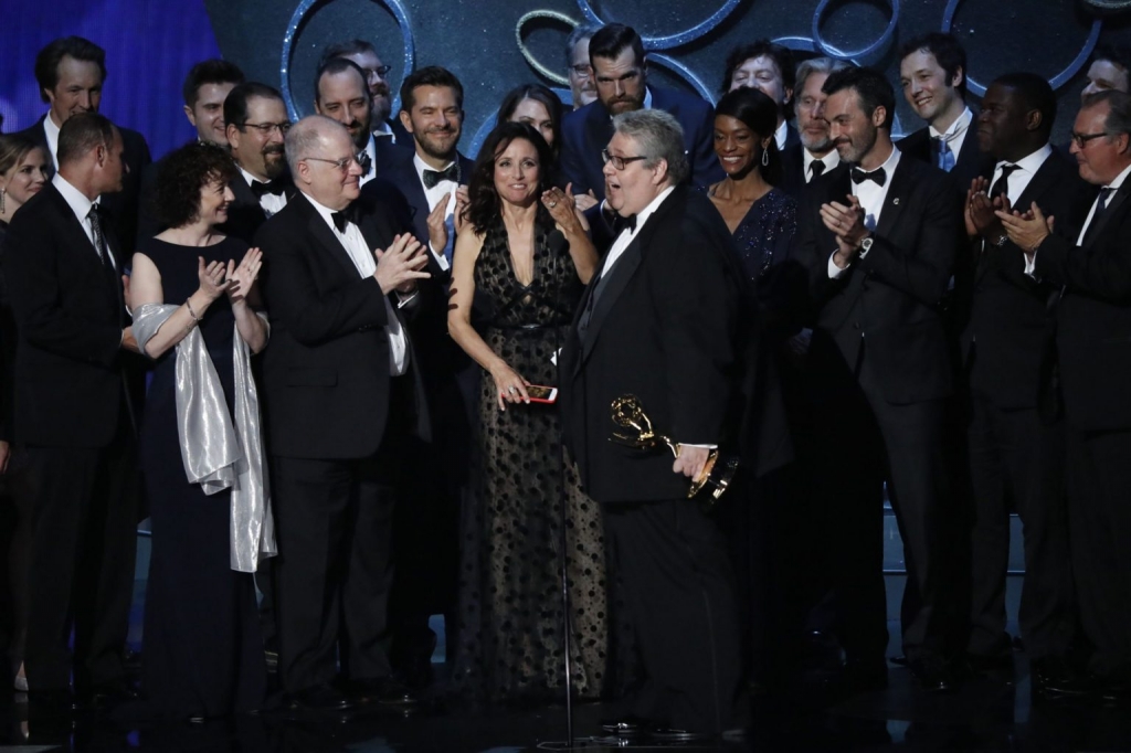 Julia Louis-Dreyfus center and David Mandel to her left during the 68th Primetime Emmy Awards at the Microsoft Theater in Los Angeles on Sunday Sept. 18 2016