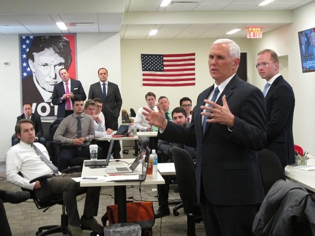 2016 Republican vice presidential candidate Indiana Gov Mike Pence gives a pep talk to campaign staff and volunteers inside Trump Tower in New York