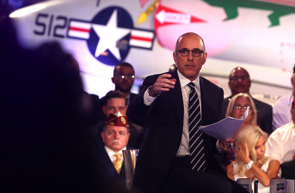 'Today show host Matt Lauer looks on during the NBC News Commander-in Chief Forum with Democratic presidential nominee former Secretary of State Hillary Clinton on Sept. 7 2016 in New York City