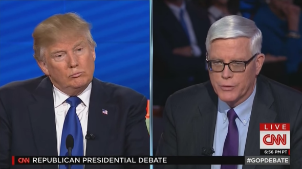 Donald Trump and Hugh Hewitt at the Feb. 25 Republican primary debate in Houston. Screenshot  CNN