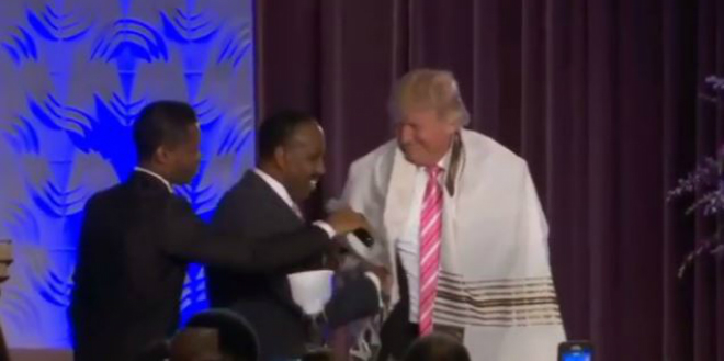 Donald Trump being awarded a tallit at Detroit Church