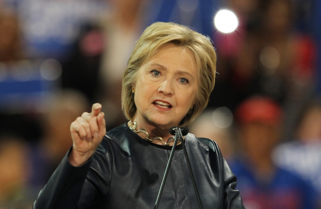 Democratic Presidential candidate Hillary Clinton makes remarks during a campaign stop at the St. Louis Carpenters Apprenticeship School in Afton Missouri