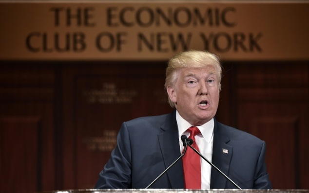 Republican presidential nominee Donald Trump speaks at an event hosted by The Economic Club of New York at the Waldorf Astoria hotel in New York on September