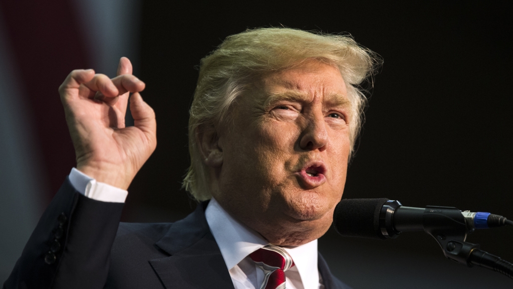 Donald Trump speaks during his rally at the Pensacola Bay Center