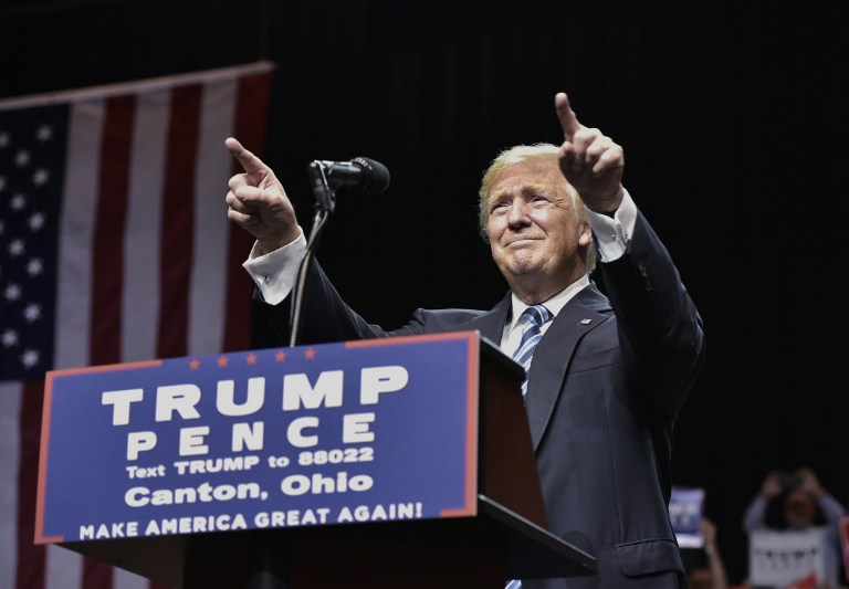 Republican presidential nominee Donald Trump speaks during a rally at the Canton Memorial Civic Center