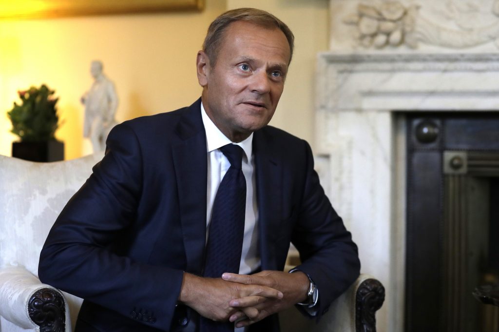 President of the European Council Donald Tusk listens to Britain's Prime Minister Theresa May inside 10 Downing Street in London Thursday Sept. 8 2016. The two met for a bilateral meeting to discuss Brexit amid increasing pressure over a lack of deta