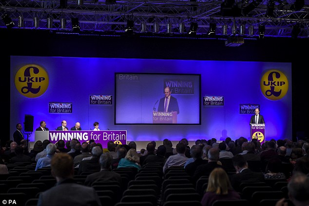 Douglas Carswell MP speaks to members and several empty seats at the Ukip conference in Bournemouth