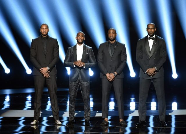 L-R NBA players Carmelo Anthony Chris Paul Dwyane Wade and Le Bron James speak onstage during the 2016 ESPYS at Microsoft Theater in Los Angeles California