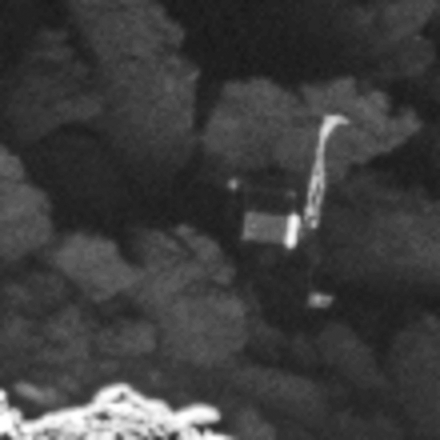 Close-up of the Philae lander imaged by Rosetta’s OSIRIS narrow-angle camera on 2 September 2016 from a distance of 2.7 km. The image scale is about 5 cm  pixel. Philae’s 1 m-wide body and two of its three legs can be seen extended from the body. The