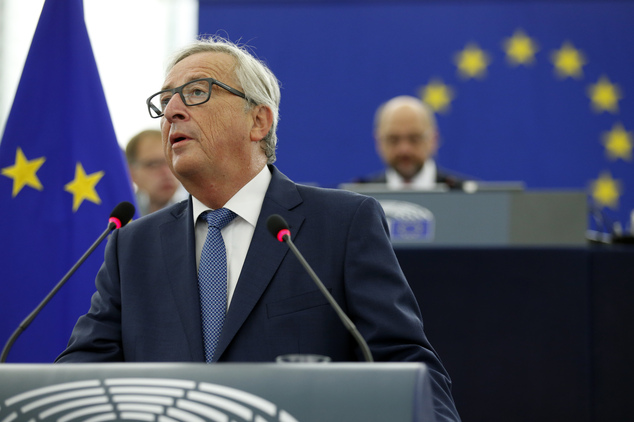 EU Commission President Jean Claude Juncker delivers his State of the Union address at the European Parliament in Strasbourg eastern France Wednesday Sept