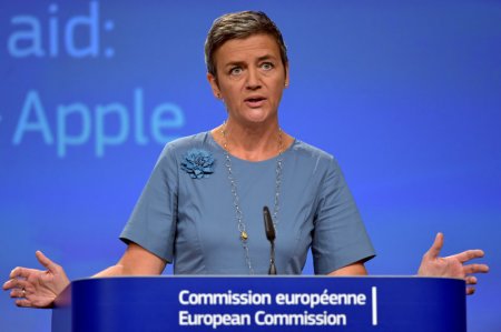 European Commissioner Margrethe Vestager gestures during a news conference on Ireland's tax dealings with Apple Inc at the European Commission in Brussels Belgium