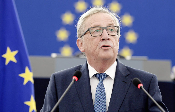 European Commission’s President Jean Claude Juncker delivers a speech as he makes his State of the Union address to the European Parliament in Strasbourg eastern France on Wednesday. — AFP