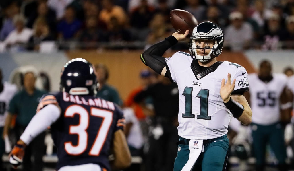 Eagles quarterback Carson Wentz attempts a pass against the Bears on Monday night