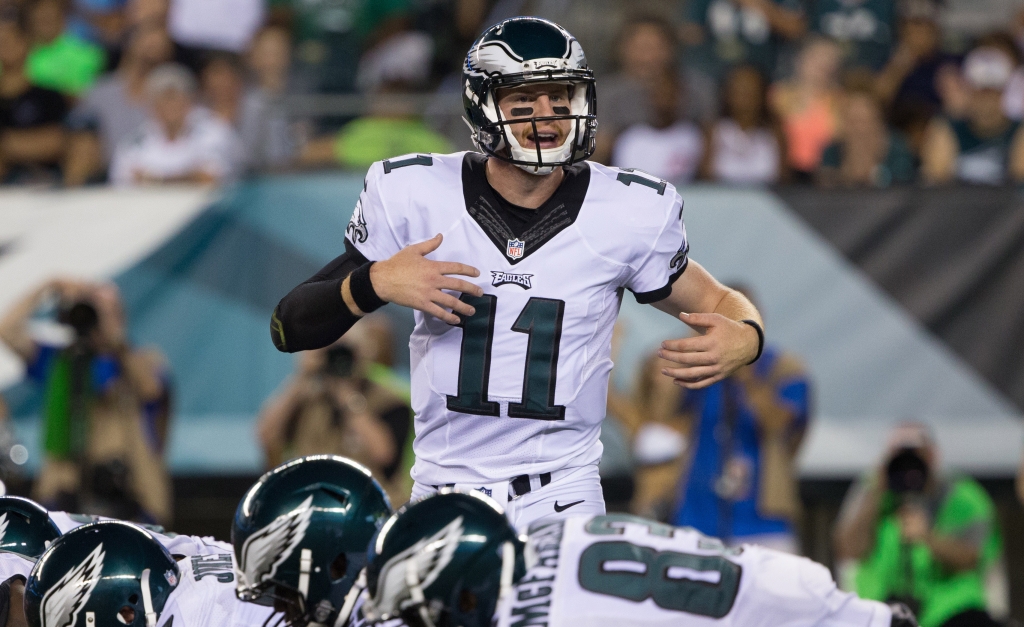 Aug 11 2016 Philadelphia PA USA Philadelphia Eagles quarterback Carson Wentz calls a play at the line against the Tampa Bay Buccaneers during the second half at Lincoln Financial Field. The Philadelphia Eagles won 17-9. Mandatory Credit Bill St