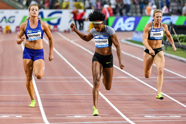 Elaine Thompson of Jamaica center wins the women's 100m ahead of Dafne Schippers of the Netherlands left and Carina Horn of South Africa at the Diamond L