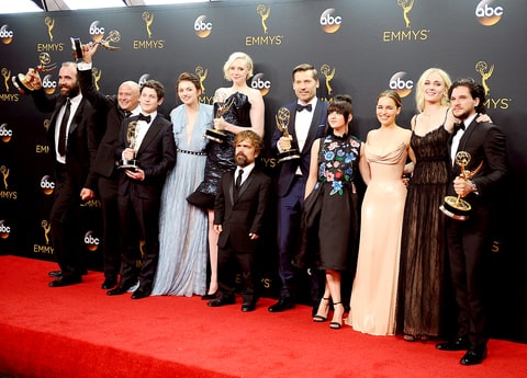 Actors Rory McCann Conleth Hill Iwan Rheon Gwendoline Christie Peter Dinklage Nikolaj Coster-Waldau Maisie Williams Emilia Clarke Sophie Turner and Kit Harington winners of Best Drama Series for'Game of Thrones' pose in the press room at the 68