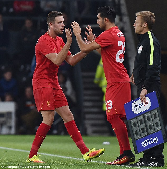 Emre Can came on for midfield team-mate Jordan Henderson at Derby's iPro Stadium